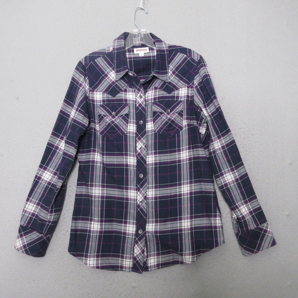 True Religion Women Shirt Purple Plaid Western Grunge Indie Logo‎ Y2K Button up